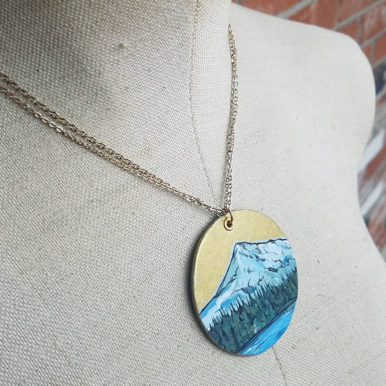 Mt Hood Hand-painted Gold Leaf Disc Charm Necklace Portland - Etsy