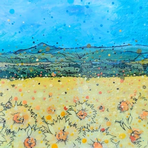 May include: A painting of a field of yellow flowers with a blue sky and green hills in the background. The flowers are painted in a loose, impressionistic style, with a lot of white space between them. The sky is dotted with small white circles, and the hills are outlined in black.