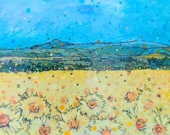 Sunflower Field with Haystack Mountain Northern Maine local landmark landscape limited edition matted print Aroostook County