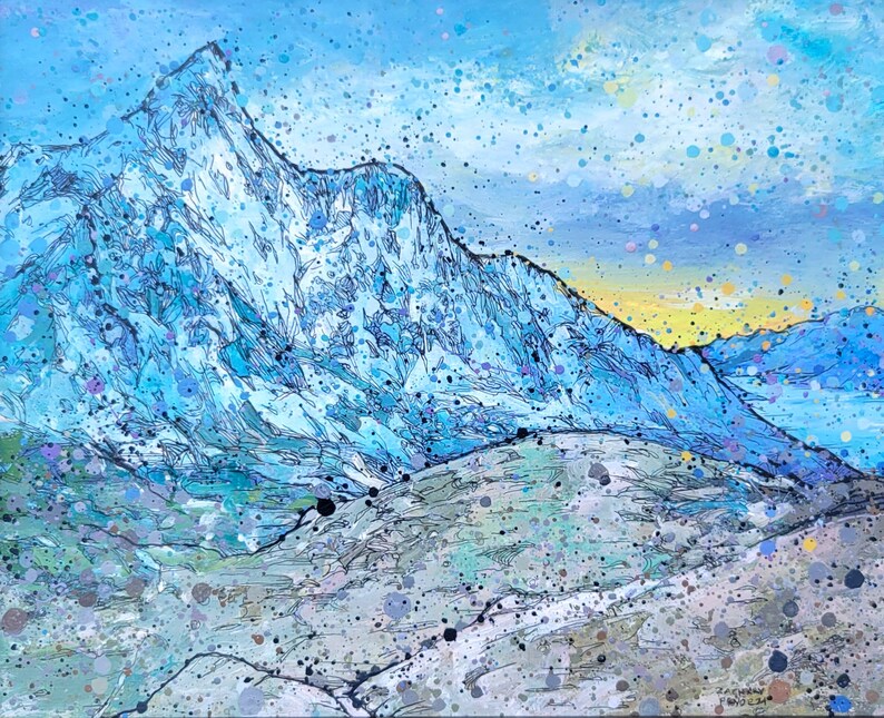 Peinture acrylique de montagne encadrée Népal Chhukung Ri Nature Landscape avantages ROMP image 3