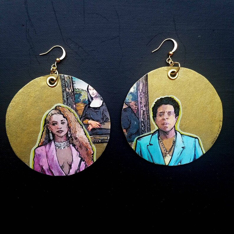 Beyonc\u00e9 Bey and Jay Louvre hand-painted gold leaf disc earrings