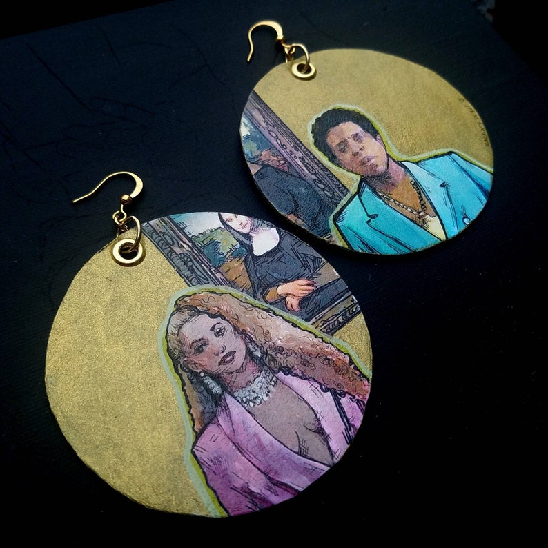 Beyonc\u00e9 Bey and Jay Louvre hand-painted gold leaf disc earrings