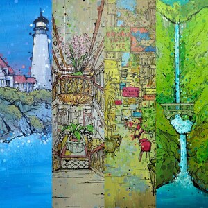 Custom Landscape Nature Waterfall Mountain lighthouse painting on 4x12 5x7 or 8x10 you pick image 3