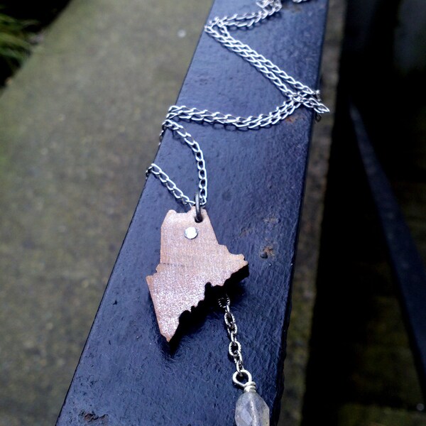 the Pride of Northern Maine - vintage silver plated necklace - brushed silver cherry wood Maine charm
