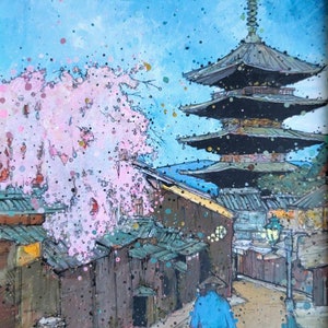 Kyoto Japan Yasaka Pagoda Hokanji Temple Cherry Blossoms cityscape limited matted giclee print