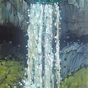 Puede incluir: Pintura abstracta de una cascada que desciende por un acantilado rocoso. El agua se representa con puntos blancos y azules, creando una sensaci&oacute;n de movimiento. El follaje verde y los &aacute;rboles enmarcan la cascada, con un cielo azul arriba.