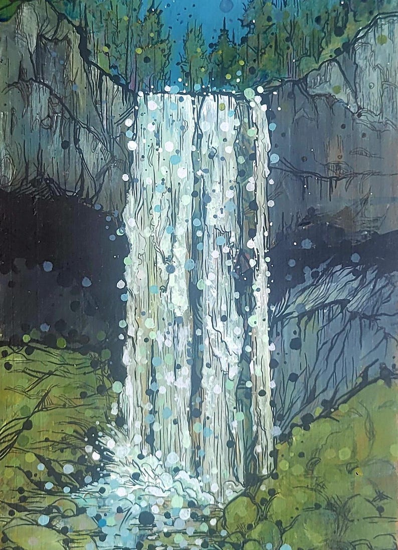 Puede incluir: Pintura abstracta de una cascada que desciende por un acantilado rocoso. El agua se representa con puntos blancos y azules, creando una sensaci&oacute;n de movimiento. El follaje verde y los &aacute;rboles enmarcan la cascada, con un cielo azul arriba.
