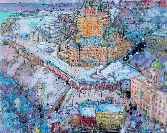 Grabado del Fairmont Le Château Frontenac: Atardecer invernal en la ciudad de Quebec, edición limitada.