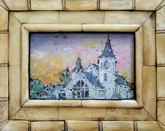 St Mary's Catholic Church Presque Isle Framed Northern Maine local landmark cityscape painting Aroostook County home decor wall art