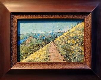 Columbia Gorge Skamania Washington - Dog Mountain - Framed Acrylic Nature Landscape painting Balsamroot Flowers