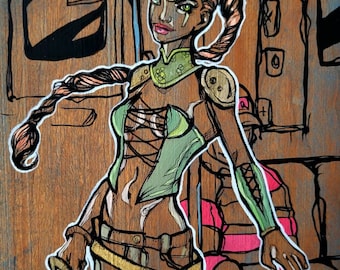 Soulstice - original graphic art wooden painting - comic book inspired - urban art