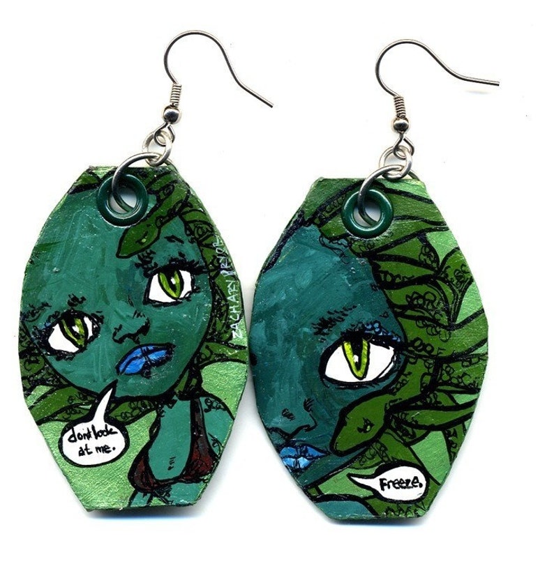 Medusa Blythe doll inspired hand-painted earrings green snake mythology image 2