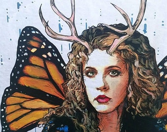 Stevie Nicks Fairy original giclee print - antlers and Monarch butterfly