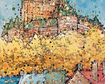 May include: A watercolor painting of a cityscape with a large building in the background and smaller buildings in the foreground. The buildings are painted in shades of brown, yellow, and green. The sky is blue with white dots. The trees are painted in shades of yellow and green.