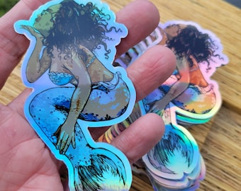 Holographic Black Mermaid Lisa Vinyl Sticker - Glossy Finish