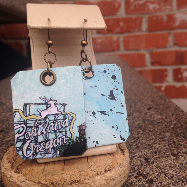 Portland White Stag Sign pdx hand-painted earrings Portland, Oregon Norm Thompson image 3