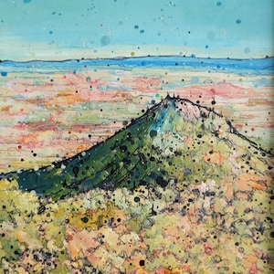 May include: Abstract painting of a mountain landscape with a blue sky, a green mountain, and a colourful foreground. The painting has a textured, layered look.