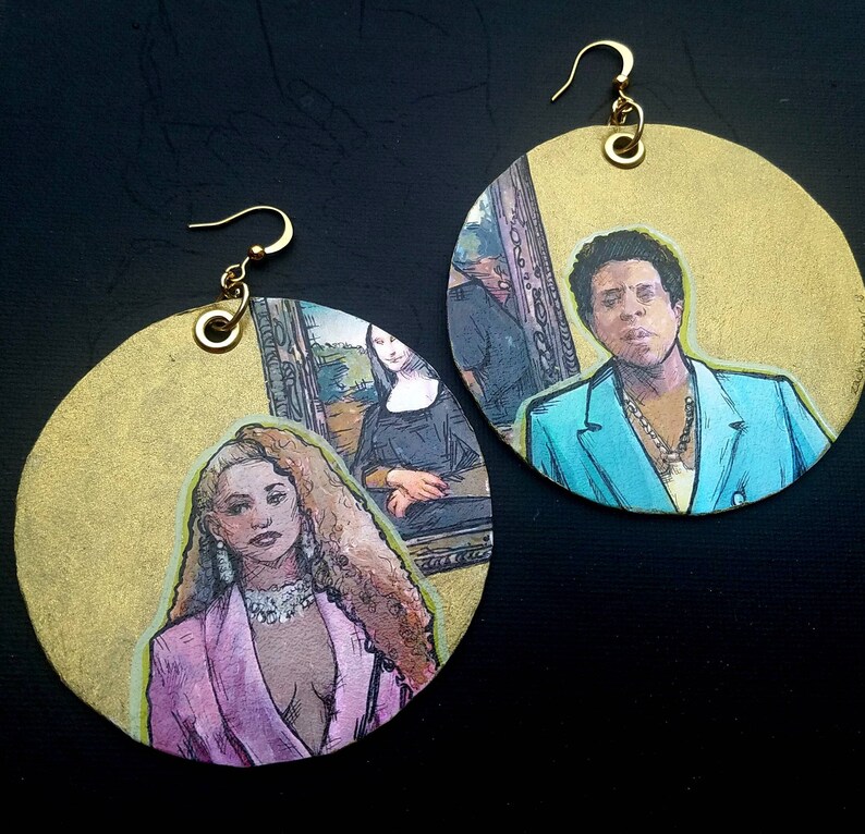 Beyonc\u00e9 Bey and Jay Louvre hand-painted gold leaf disc earrings