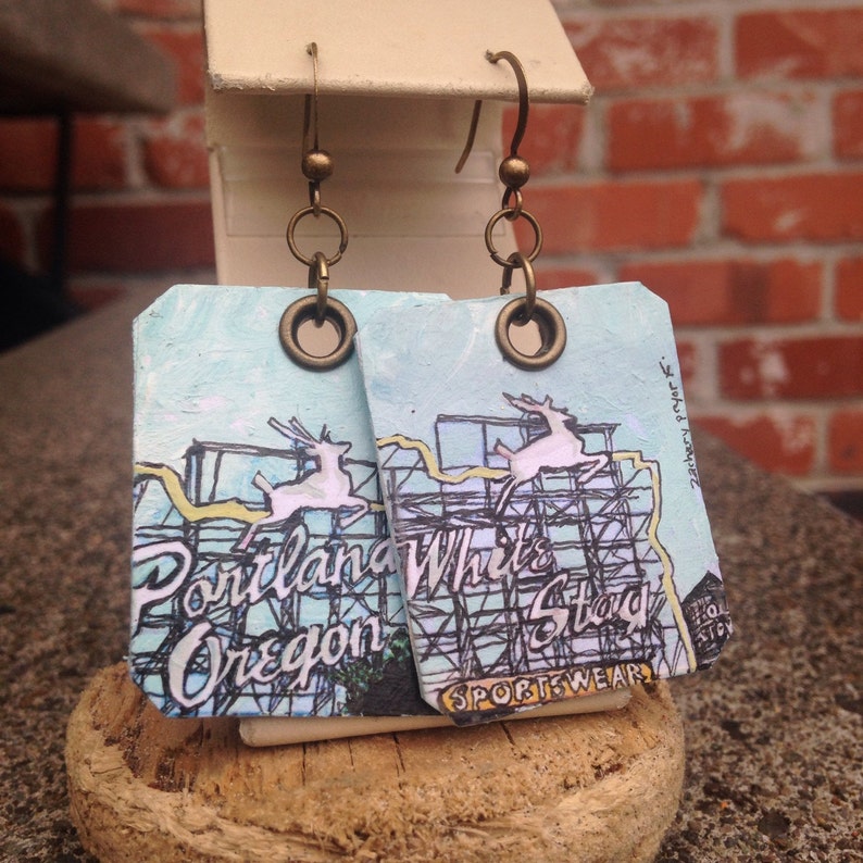 Portland White Stag Sign pdx hand-painted earrings Portland, Oregon Norm Thompson image 2