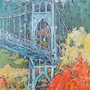 Portland St Johns Bridge in Autumn landscape Cityscape Architectural limited matted print