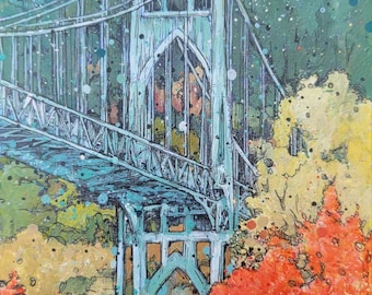 Puede incluir: Una pintura artística de un puente turquesa con intrincados detalles arquitectónicos, sobre un fondo de exuberante follaje verde y otoñal vibrante. La obra presenta una mezcla de colores y texturas.