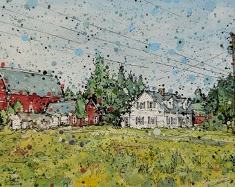 Paesaggio del Maine: casale e fienile - Ashland Aroostook County, stampa giclée limitata con passepartout.