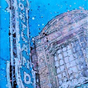 May include: A blue and white watercolor painting of the iconic Portland sign with a building in the background. The sign is painted in a stylized font with a blue background and white lettering. The building is painted in a more realistic style with a light brown color and a large window.
