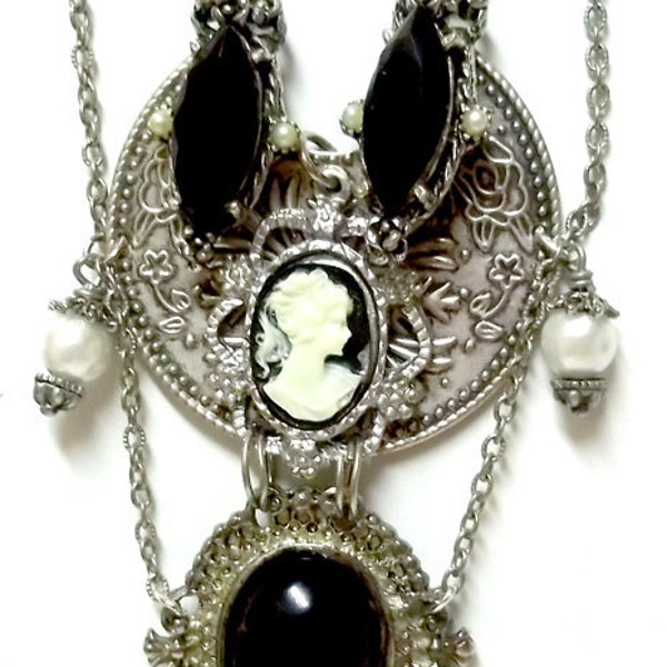 Susannes Dinner Party vintage silver sculpted necklace with onyx, pearls and cameos