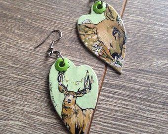 Daisy Doe, Chamomile Buck - hand-painted flora and fauna green heart shaped charm earrings