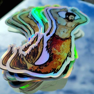Holographic Sexy Gay Muscle Merman Mermaid Vinyl Sticker - Glossy Finish Gay Pride