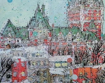May include: A watercolor painting of a snowy cityscape with a large castle-like building in the background. The building has a green roof and red brick walls. The foreground shows smaller buildings with snow-covered roofs and trees. The sky is a light blue with white dots.