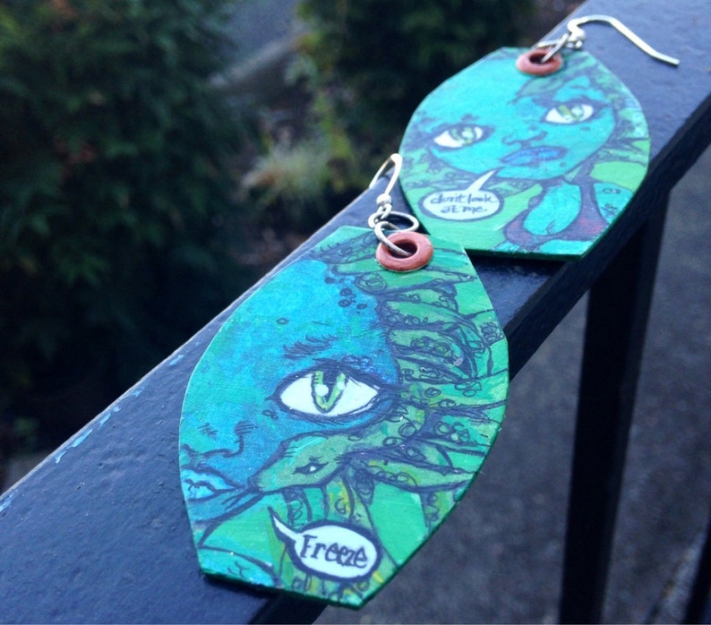 Medusa Blythe doll inspired hand-painted earrings green snake mythology image 1