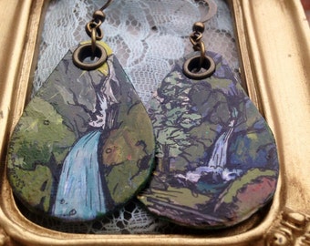Wahclella Falls - pdx hand-painted charm earrings - Portland, Oregon waterfall