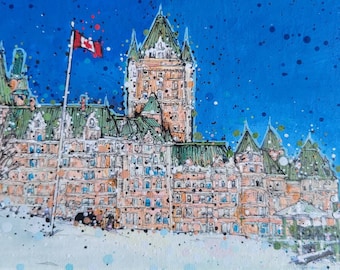 May include: A watercolor painting of a large building with a Canadian flag flying on a flagpole. The building is painted in shades of brown, green, and white, and the sky is a bright blue with white dots. The building is set against a snowy background.