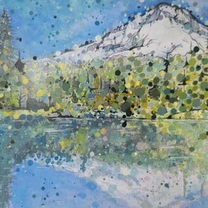 May include: An abstract landscape painting featuring a snow-capped mountain, a lake, and trees. The artwork uses a pointillism technique with green, yellow, blue, and black dots. The lake reflects the sky and trees.