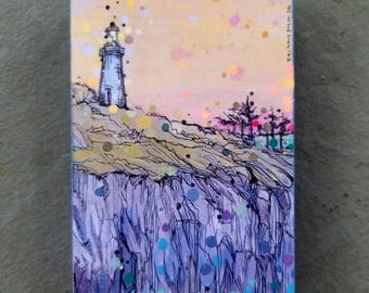 Newport, Oregon - Faro di Yaquina Head al tramonto - Grigio - Piccolo dipinto di paesaggio naturale