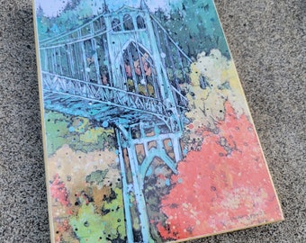 Portland St Johns Bridge in Autumn landscape Cityscape glossy print on wood with original details