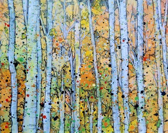 White Birch Trees in Autumn Maine landscape nature matted High Gloss limited print on wooden panel
