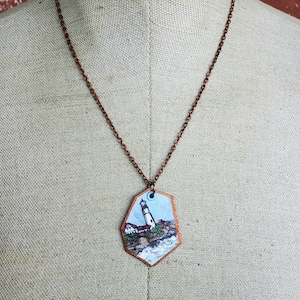 Lighthouse hand-painted copper leaf charm necklace - Maine Coast