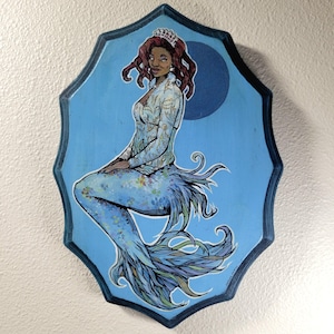 Black Mermaid Princess Acrylic Painting on Wood - Wall Art