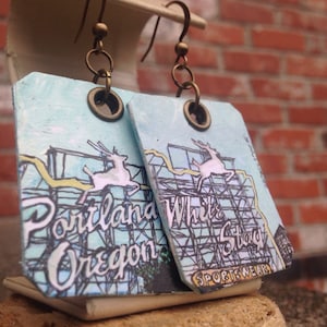 Portland White Stag Sign pdx hand-painted earrings Portland, Oregon Norm Thompson image 1