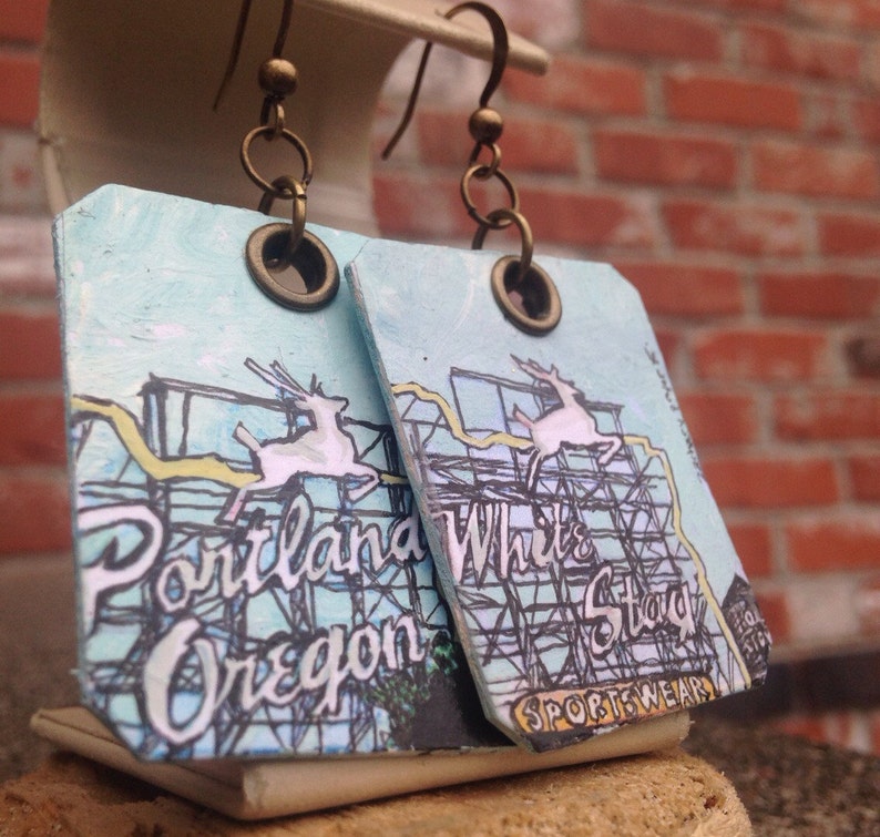 Portland White Stag Sign pdx hand-painted earrings Portland, Oregon Norm Thompson image 1