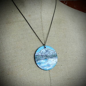 Mt Rainier hand-painted disc charm necklace - Washington State