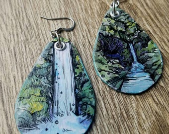 Punchbowl Falls - pdx hand-painted waterfall charm earrings - Portland, Oregon Nature