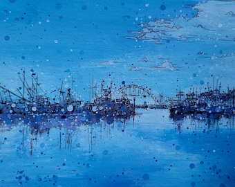 May include: A blue acrylic painting of a harbor scene with boats, a bridge, and clouds. The artwork features a monochromatic color scheme with shades of blue and white. The boats are detailed with black outlines, and the water reflects the scene.