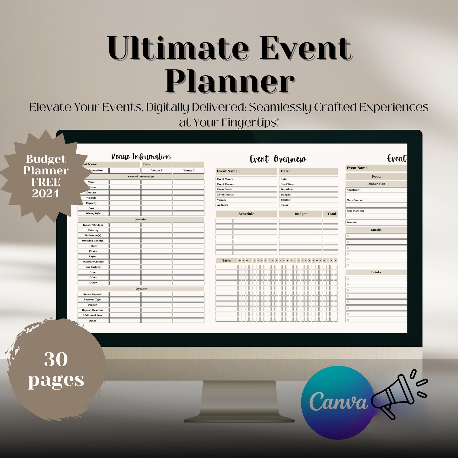 Event Planner Template, Digital Event Planner, Event Party Budget ...