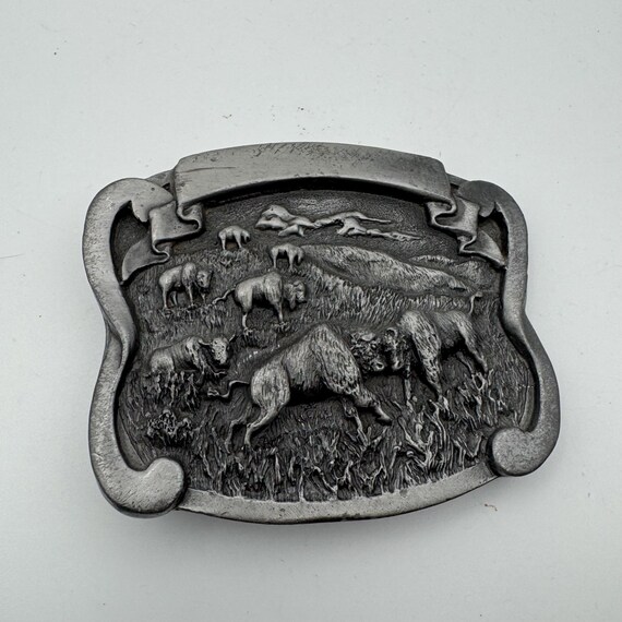 Vintage 1988 Colorado Silver Star Belt Buckle Buffalo Grazing in