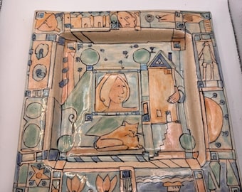 Gerry Wallace Piatto quadrato Portagioie Donna Gatti Finestra di casa Scena fantastica