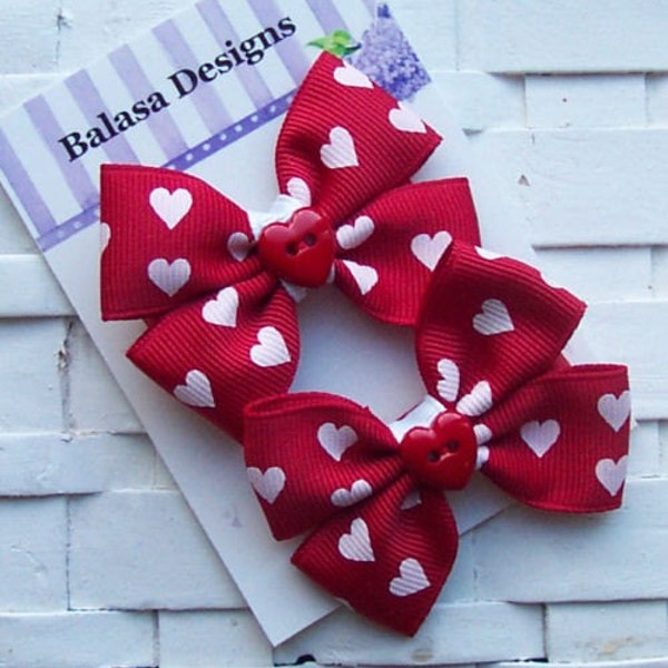 Boutique Valentine Red Hearts Hair Bow Pair