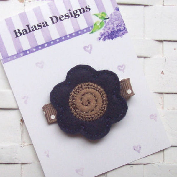 Boutique Back to School Navy and Taupe Embroidered Felt Flower Hair Clippie